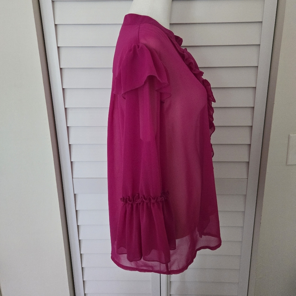 V Cristina Women's Sheer Mgenta Ruffle Blouse Size M - Picture 4 of 13